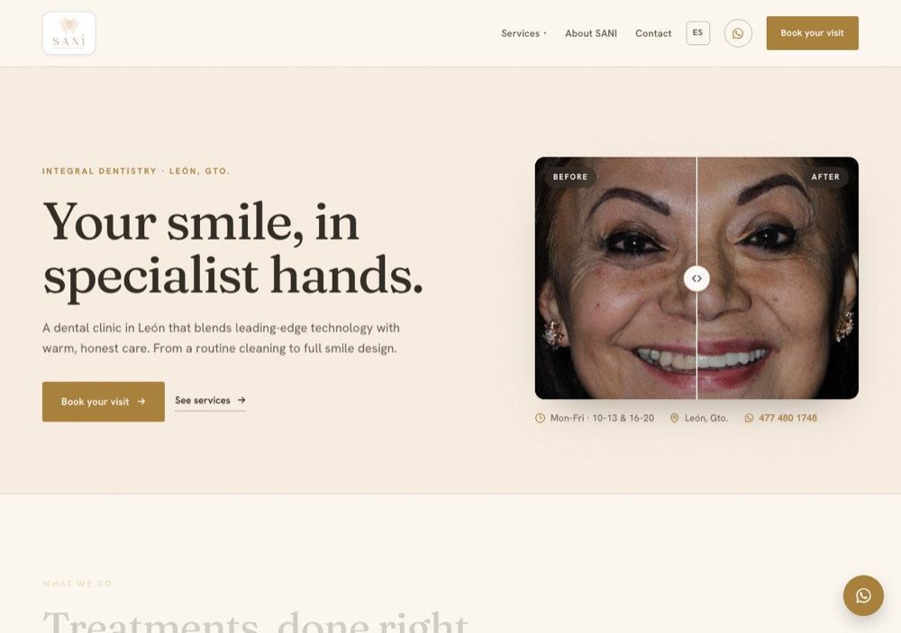 Portada de Odontología Integral SANI en inglés: menú Services, About SANI y Contact, encabezado "Your smile, in specialist hands." y horario en León, Gto.